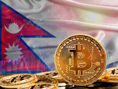 Nepal 'deki kripto para birimi ve engelleme teknolojisi yatırımcıları. Arka planda Nepal bayrağı olan Bitcoin