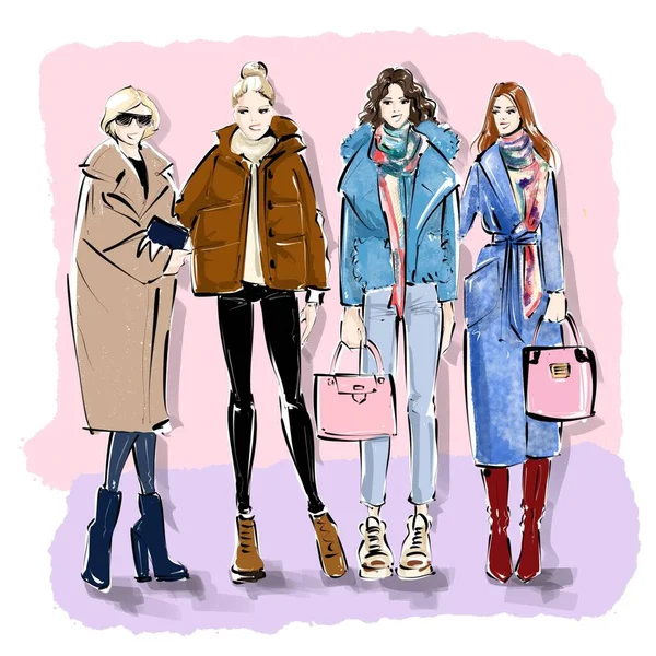 Fashion Sketch Met Vier Meisjes — Stockfoto