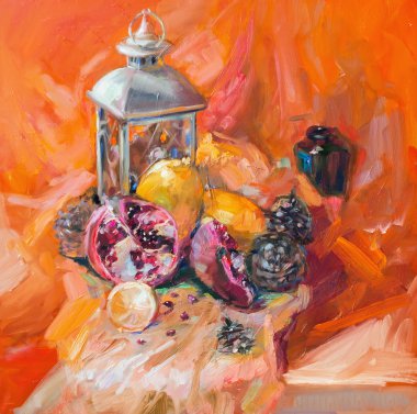 Yağlı boya, izlenimcilik style, yağlı boya, çiçek natürmort sanat resim doku boyalı renkli görüntü, renk duvar kağıtları ve arka planlar, tuval, çiçek desenli, nar ve koniler resmi ressamın,