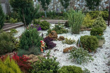 Bir kır evindeki kozalaklı çiçek tarhı ve diğer süs bitkileriyle