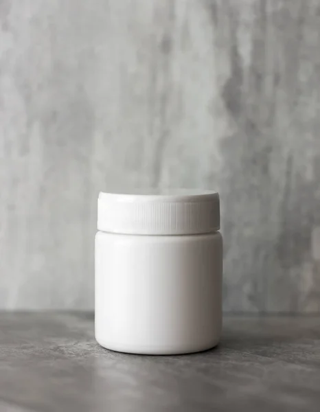 Empty Cosmetic Plastic White Cream Jar Gray Background Container Cosmetics — Stock Photo, Image