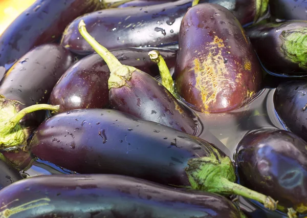 Aubergine slits indränkt i vatten, förberedelserna för bevarande, — Stockfoto