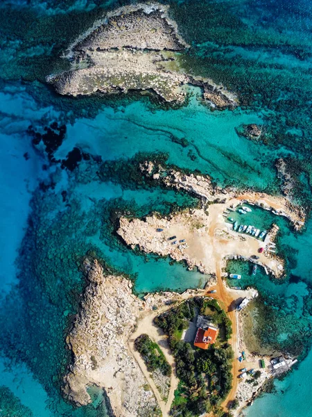 Aerial Drone view of Green Bay Beach in Cyprus island with turquoise Mediterranean sea — Stock Photo, Image