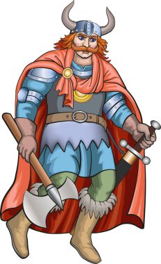 Bir savaş baltası ve kılıçla donanmış bir Viking savaşçısı savaşa koşuyor.