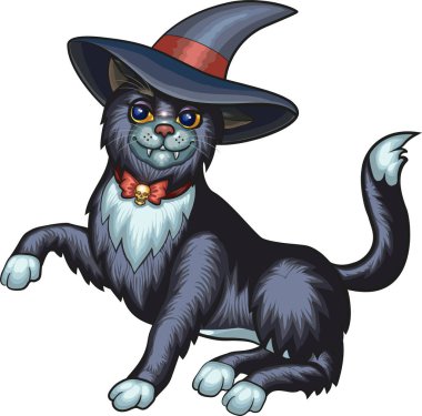Bir cadının sihirli şapkasındaki kara kedi sağ ön pençesi havada oturur.