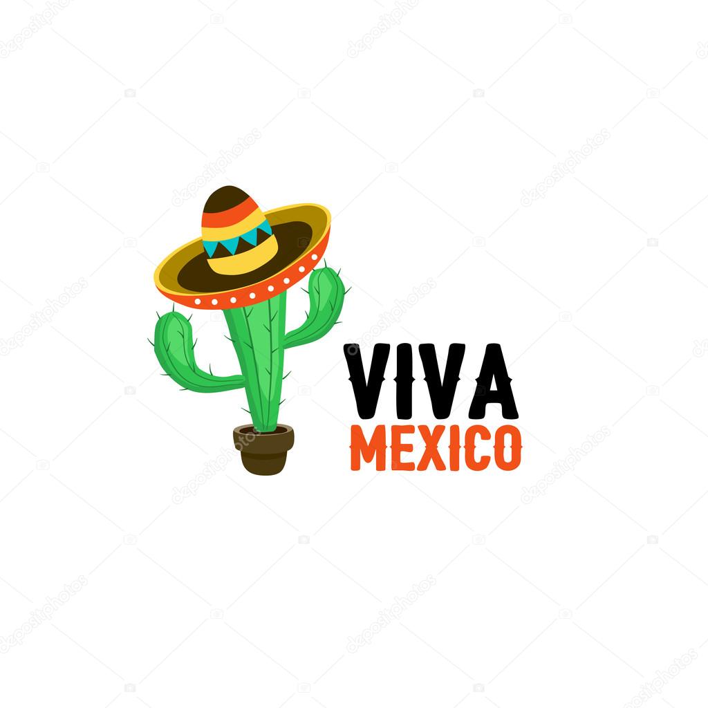 Funny cactus in mexican hat vector illustration. Cartoon cactus in sombrero with text. Viva mexico slogan isolated on white background.