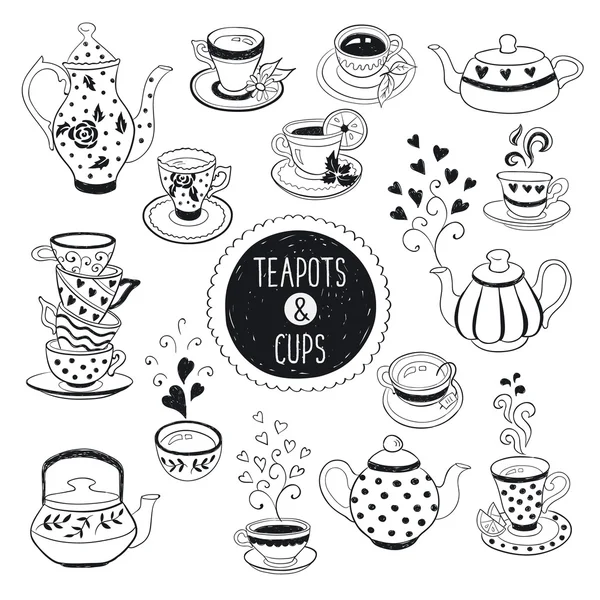 Doodle teapots and cups — Stok Vektör