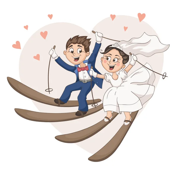 Cartoon bride and groom on ski — Stock Vector