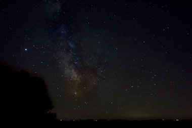 Samanyolu ve yıldızlı gökyüzü. Mavinin, morun ve turuncunun muhteşem tonu.