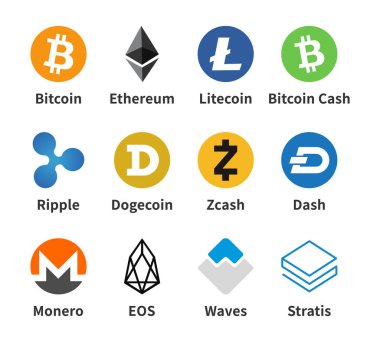 Kripto para birimi renk vektör simgeleri - Bitcoin, ethereum, litekoin, dalgalanma, dogecoin ve diğer; izole elementler.