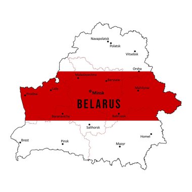 Belarus haritasında şehir isimleri var. Arkaplan, pankart, bilgi grafikleri vesaire için. Basit düz vektör çizimi