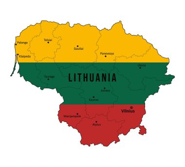 Şehir isimleriyle Litvanya vektör haritası. Arkaplan, pankart, bilgi grafikleri vesaire için. Basit düz resimleme