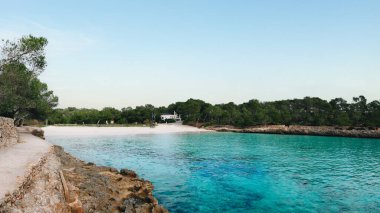 Cala Mondrago, Mallorca, İspanya 'nın güneydoğu kıyısında çarpıcı bir turkuaz körfez. Altın kumlu plajlar, kayalık kıyı şeridi ve Akdeniz çam ormanları temiz, mavi suları çevrelemektedir. Manzaralı bir doğal