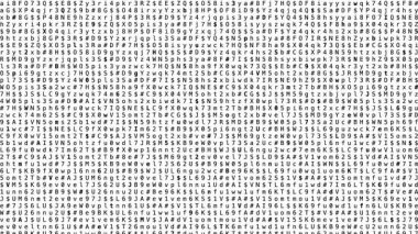 Rastgele karakterlerin ve sembollerin yoğun akışının soyut görüntüsü karanlık bir arkaplanda akıyor. Olay yeri şifrelemeyi, şifrelenmiş bilgiyi, güvenli veri transferini ve gizli dijital süreçleri çağrıştırıyor