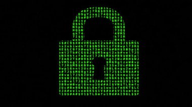 Soyut animasyon, koyu arkaplandaki parlayan dijital asma kilidi gösteriyor. Görüntü şifrelemeyi, veri korumasını, mahremiyeti, siber güvenliği ve güvenliği temsil ediyor.