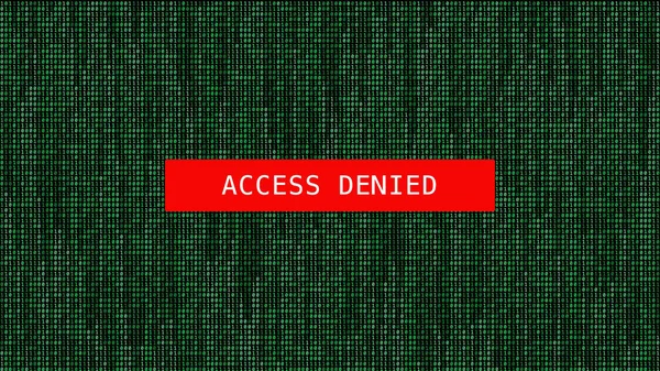 Siber güvenlik uyarısı, yoğun yeşil ikili veri matrisi arka planında koyu kırmızı ACCESS DENIED uyarı mesajı gösteriyor. Davetsiz misafirler, izinsiz girişler, güvenlik duvarı.