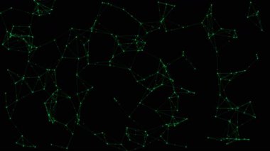 Parlayan yeşil düğümlere sahip soyut dijital ağ ve dinamik bir veri iletişim sistemi oluşturan çizgiler. Teknoloji, siber güvenlik, engelleme zinciri ve yapay zeka kavramları için ideal.