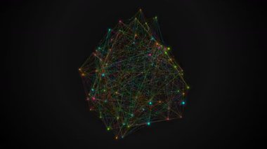 Yapay zekayı, nöral ağları ve veri bağlantısını temsil eden küresel bir yapı oluşturan soyut parlayan düğümler ağı. Makine öğrenimi için ideal, dijital