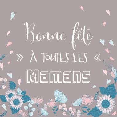 Aşk kalpleri ve çiçek Fransız çiçekleri Anneler Günü illüstrasyonunuz kutlu olsun