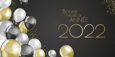 Fransız Mutlu Yıllar 2022 şenlik balonları tebrik kartı