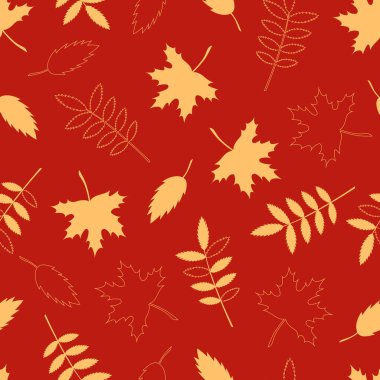 Kırmızı arkaplanda turuncu yaprakların kusursuz sonbahar deseni