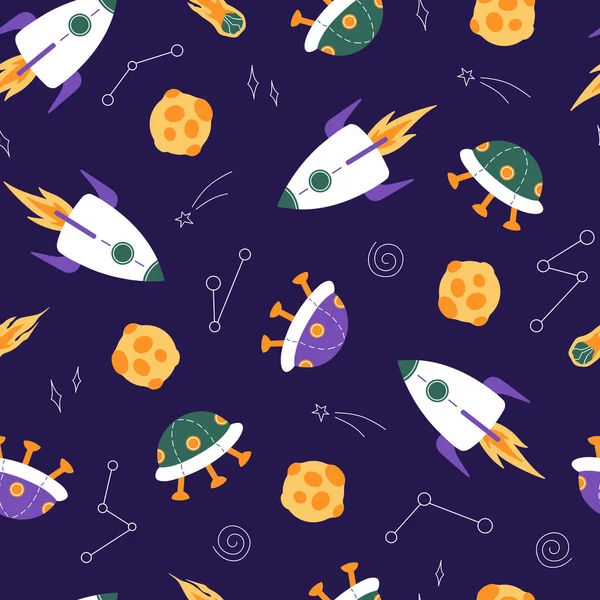 Space seamless pattern in flat cartoon style. Starry sky background with cosmic elements.