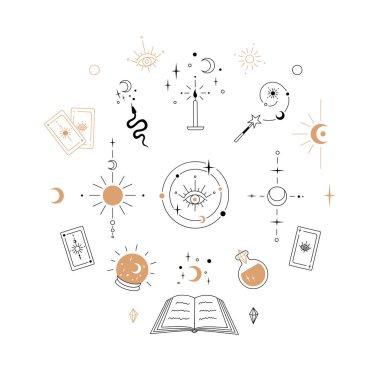 Sihir ve kehanetin izole edilmiş elementlerinin vektör kümesi, ezoterik semboller