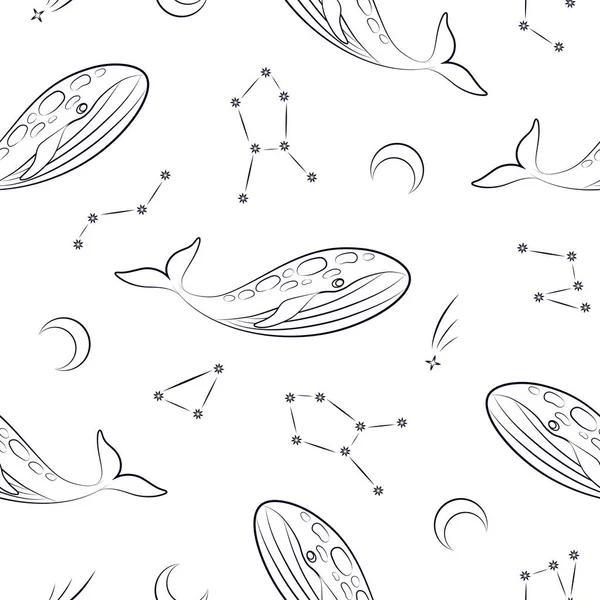 whales and constellations space seamless pattern on white background