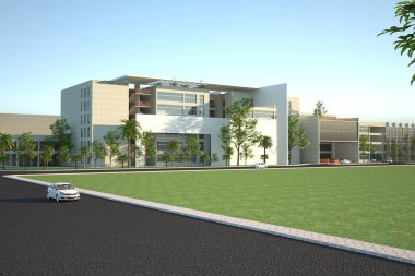 Çocuk parkı olan modern yüksek katlı bir bina. 3d illu