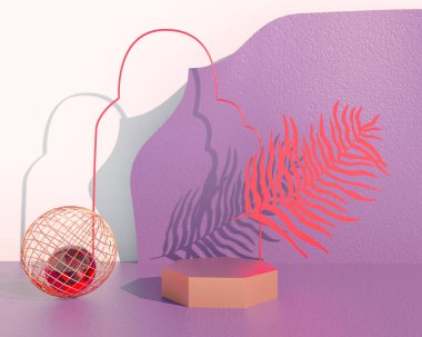 Pastel arka planda yapraklarla dekore edilmiş ürün sergisi, 3D