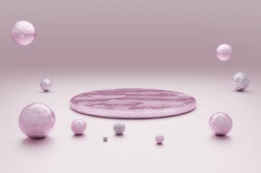 Abstract pastel pink background with round podium and pearls. 3D