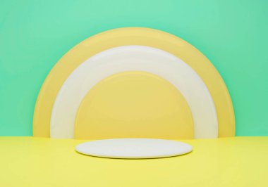 Geometrik şekilli 3D çizim stüdyosu, yerde podyum. Ürün sunumu için platformlar.