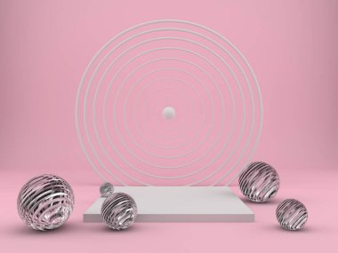 Geometrik şekilli 3D çizim stüdyosu, yerde podyum. Ürün sunumu için platformlar, modelleyin