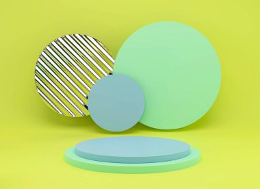 Geometrik şekilli 3D çizim stüdyosu, yerde podyum. Ürün sunumu için platformlar, modelleyin