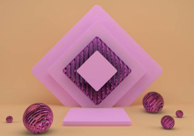 Geometrik şekilli 3D çizim stüdyosu, yerde podyum. Ürün sunumu için platformlar, modelleyin
