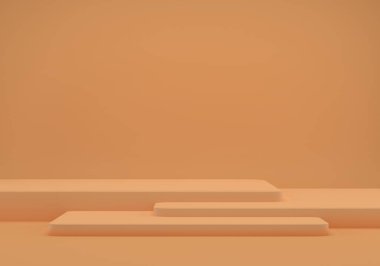 Geometrik şekilli 3D çizim stüdyosu, yerde podyum. Ürün sunumu için platformlar, modelleyin