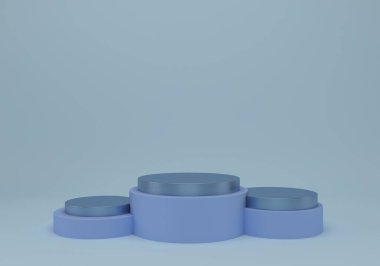 Geometrik şekilli 3D çizim stüdyosu, yerde podyum. Ürün sunumu için platformlar.