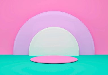 Geometrik şekilli 3D çizim stüdyosu, yerde podyum. Ürün sunumu için platformlar.