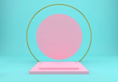 Geometrik şekilli 3D çizim stüdyosu, yerde podyum. Ürün sunumu için platformlar.