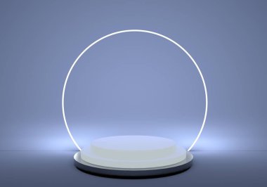 3 boyutlu kaide, silindir platform, yuvarlak neon çerçeveli parlak metalik podyum. Boş ürün vitrini standı.