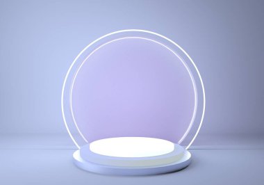 3 boyutlu kaide, silindir platform, yuvarlak neon çerçeveli parlak metalik podyum. Boş ürün vitrini standı.