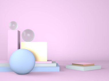 Pastel arka plandaki ürün podyumu 3D. Soyut asgari geometri kavramı. Stüdyo platformu teması. Sergi ve iş tanıtım aşaması. 3d oluşturma.