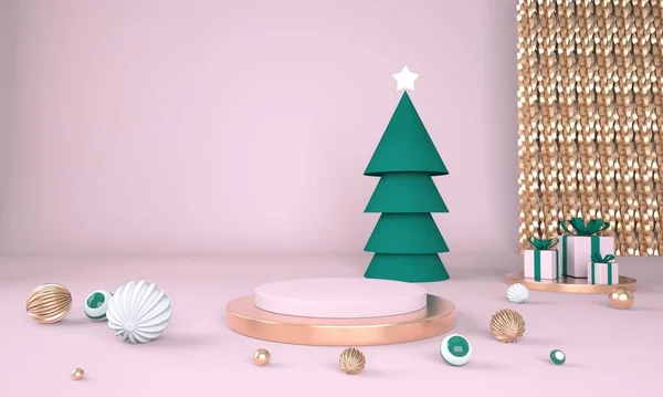 Noel ağacıyla Noel arkaplanı ve ürün sergisi için sahne. 3d.