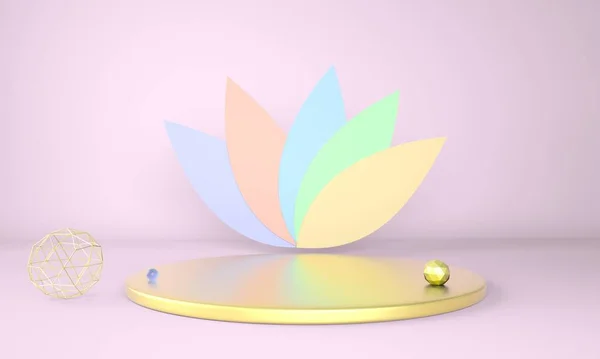 Pastel arka planda yapraklarla dekore edilmiş ürün sergisi, 3D