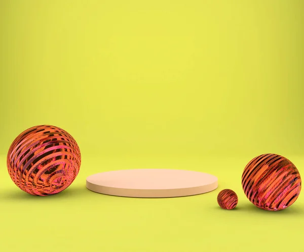 Geometrik şekilli 3D çizim stüdyosu, yerde podyum. Ürün sunumu için platformlar, modelleyin