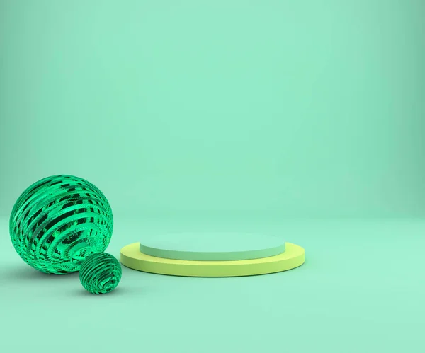Geometrik şekilli 3D çizim stüdyosu, yerde podyum. Ürün sunumu için platformlar, modelleyin