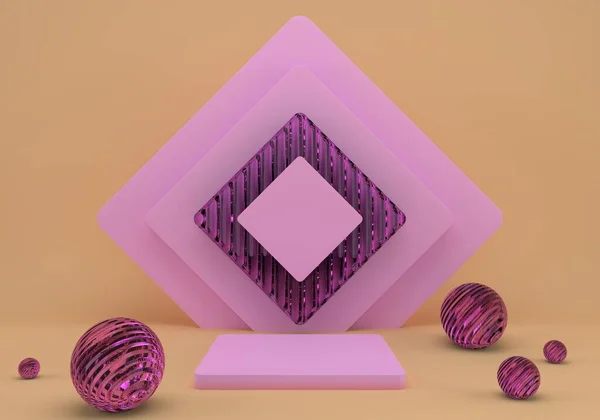 Geometrik şekilli 3D çizim stüdyosu, yerde podyum. Ürün sunumu için platformlar, modelleyin