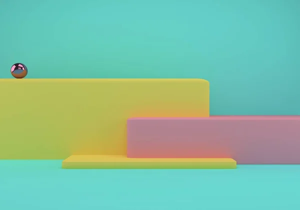 Geometrik şekilli 3D çizim stüdyosu, yerde podyum. Ürün sunumu için platformlar, modelleyin
