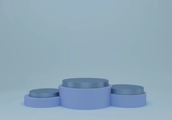 Geometrik şekilli 3D çizim stüdyosu, yerde podyum. Ürün sunumu için platformlar.