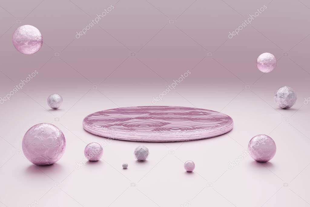 Abstract pastel pink background with round podium and pearls. 3D
